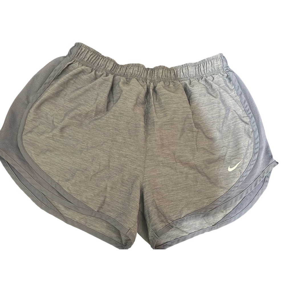 Nike Dri Fit Running Athletic Shorts Women's Gray White Swoosh‎ Gym Workout